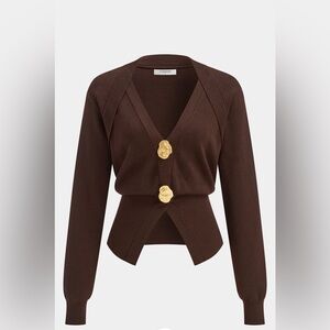 Metal Detail V-Neck Wool Blend Sweater~BROWN SMALL